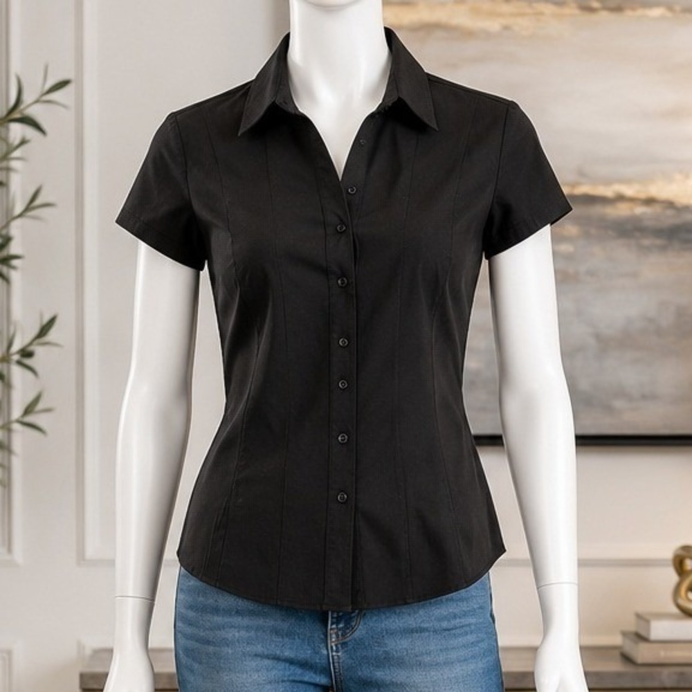 Style & Co Women Blouse Black Short Sleeve Stretch Button Up 8P